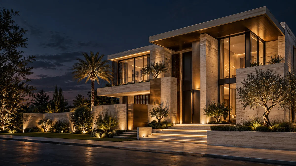 AI architectural concept of a contemporary villa at dusk